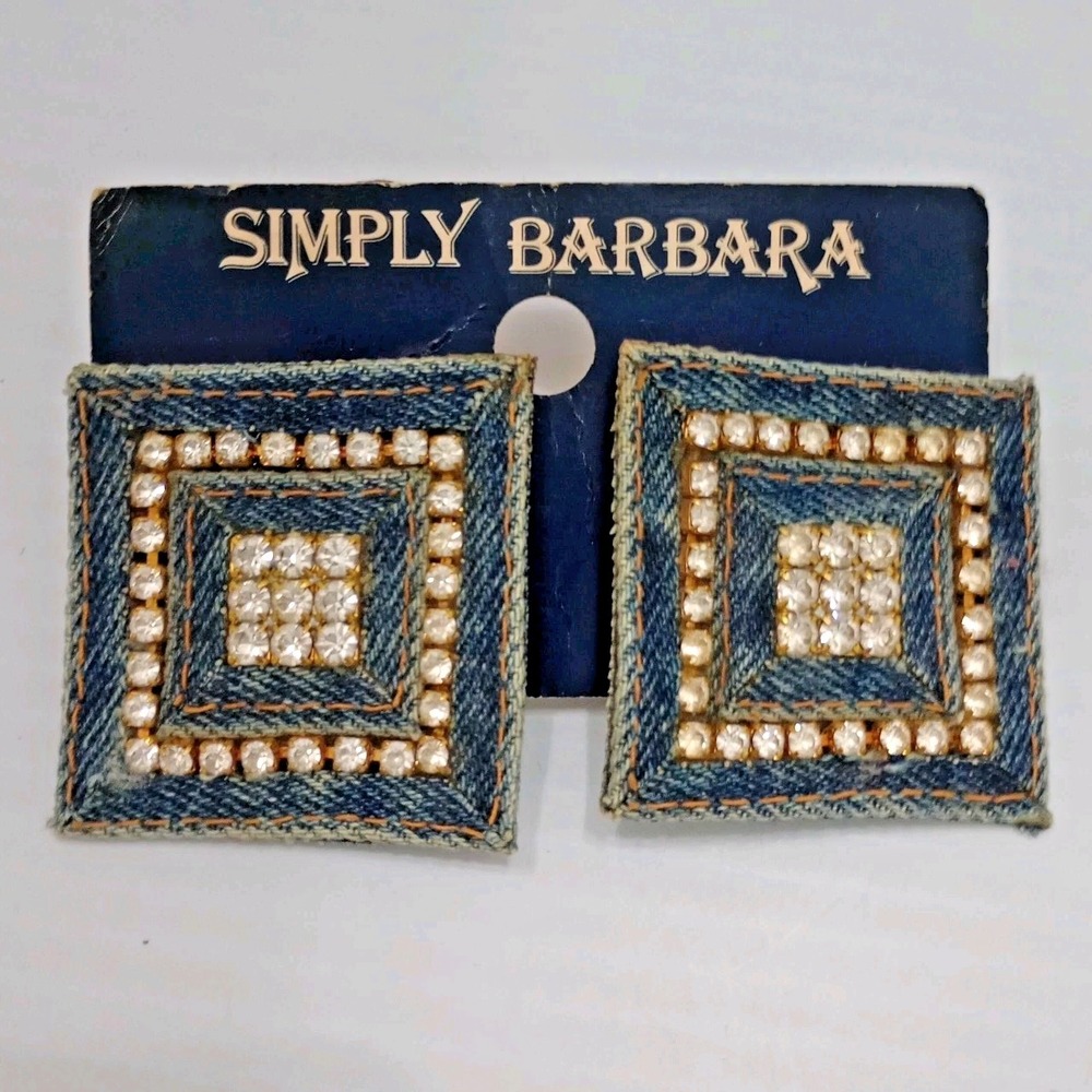 Simply Barbara Denim square Rhinestone Clip Earrings Western Cowgirl Glam Y2K 90